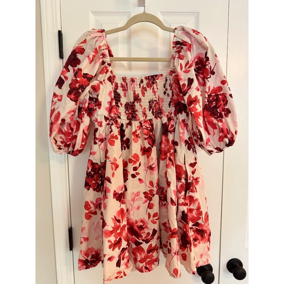 ABERCROMBIE & FITCH A&F EMERSON RUCHED PUFF SLEEVE Red White Floral DRESS Medium - Picture 4 of 6